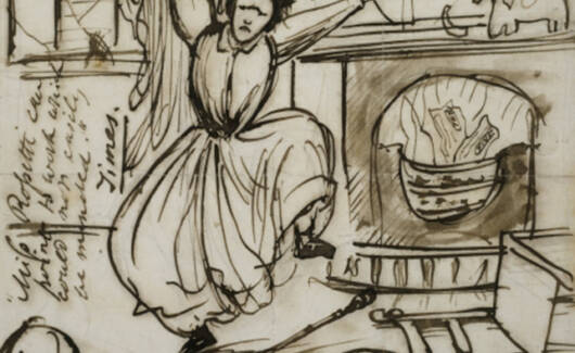 Cartoon of Christina Rossetti having a tantrum after reading 'The Times' review of her poetry, 1862 (pen & ink on paper)