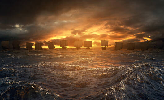 Vikings,Ships,On,The,Horizon,Of,Stormy,Ocean.,Mysterious,Atmosphere
