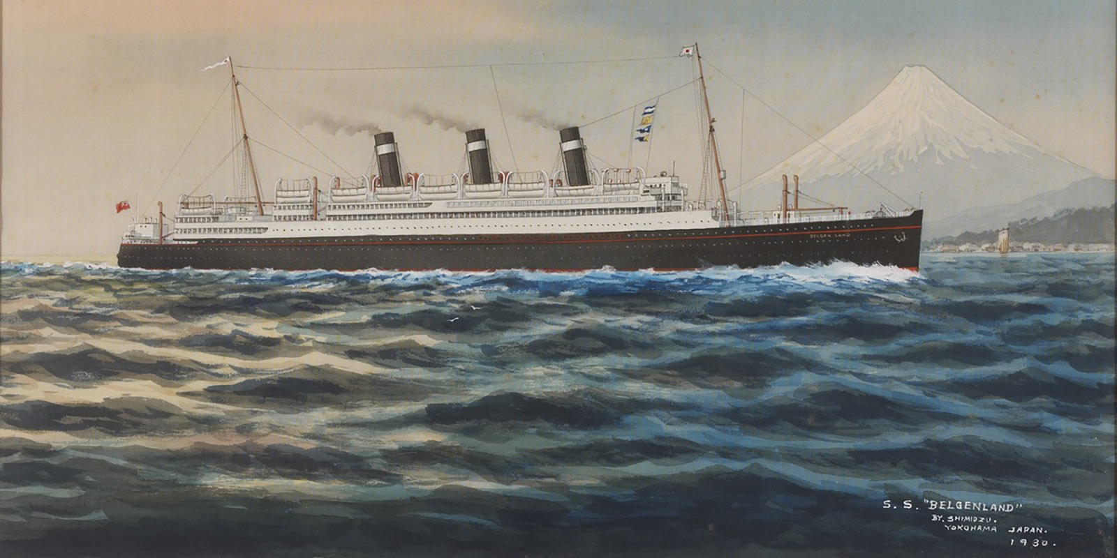 Het stoomschip Belgenland voor de Japanse kust (Shimuzu Yokohama, ca 1930, MAS)