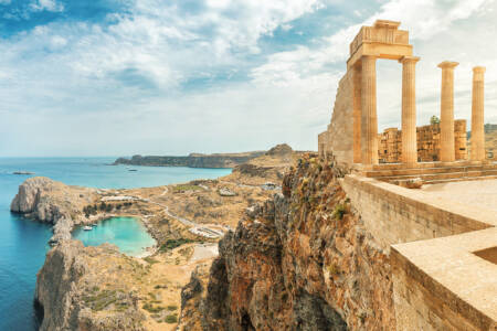 Famous tourist attraction - Acropolis of Lindos. Ancient architecture of Greece. Travel destinations of Rhodes island