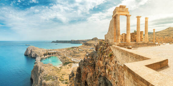 Famous tourist attraction - Acropolis of Lindos. Ancient architecture of Greece. Travel destinations of Rhodes island