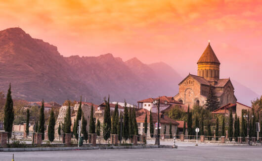 amazing sunset view of Svetitskhoveli Cathedral in sunset