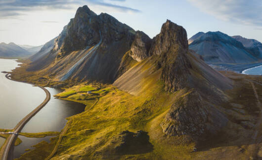 scenic road in Iceland, beautiful nature landscape aerial panora