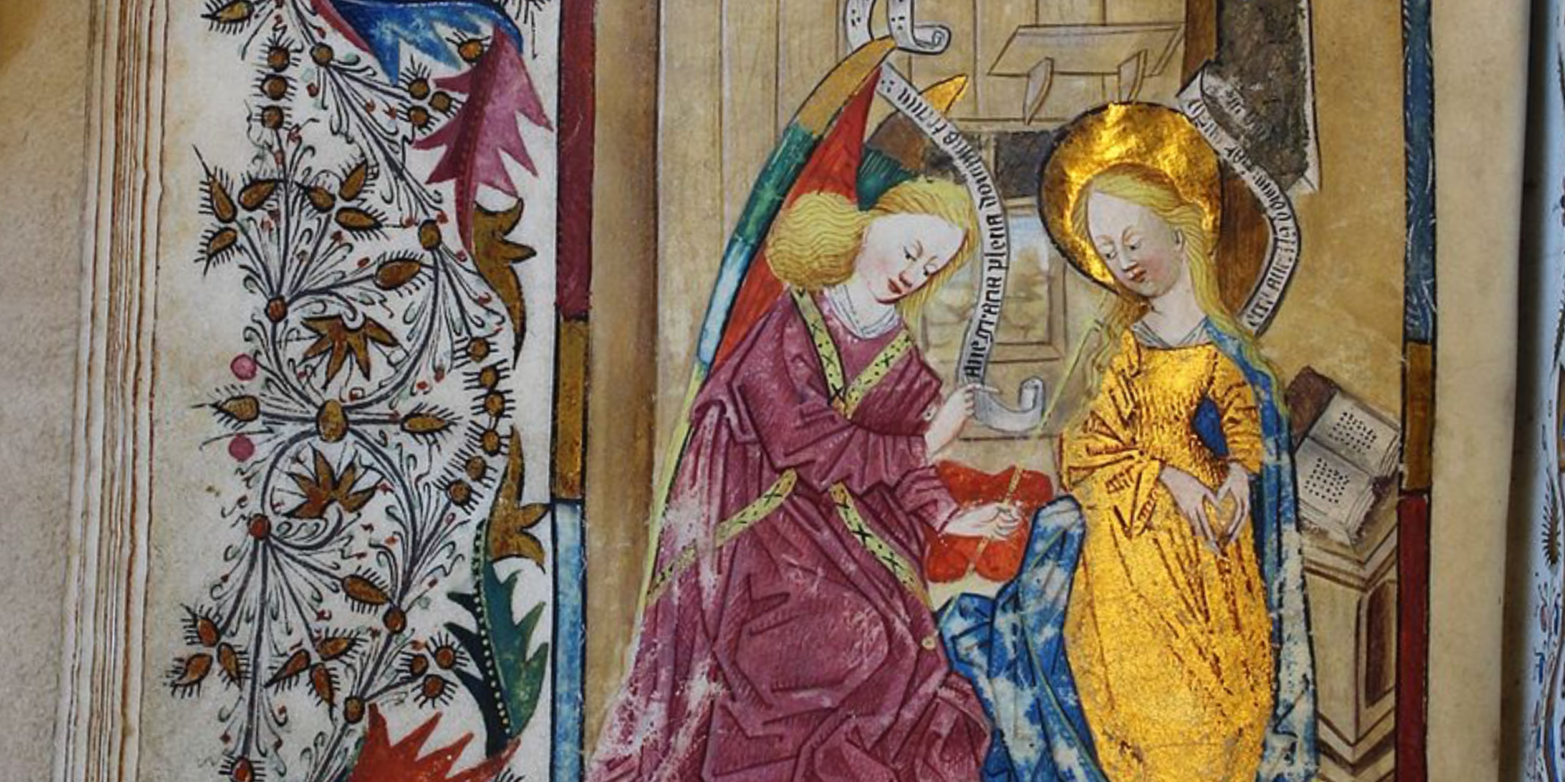 de aankondiging (annunciatie) van de geboorte van Jezus aan Maria in een middeleeuws getijdenboek