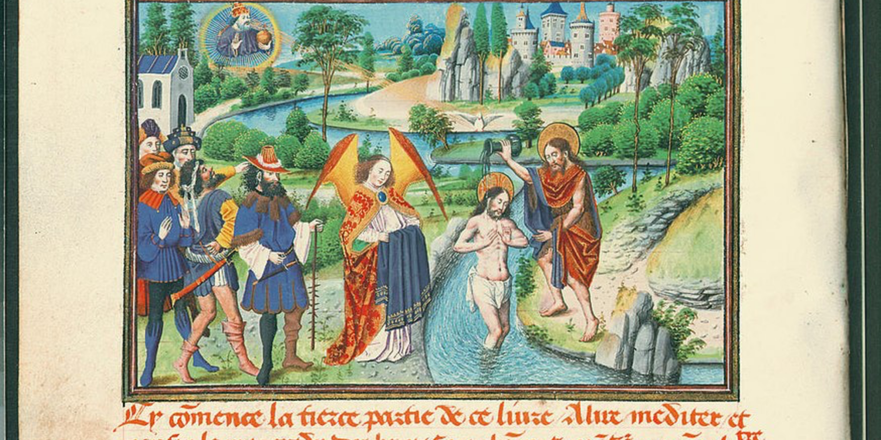 prent uit een middeleeuws getijdenboek over het doopsel van Christus