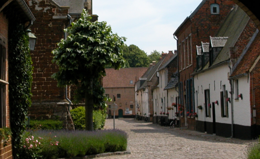 pleintje met boom en huisjes in het begijnhof van Diest