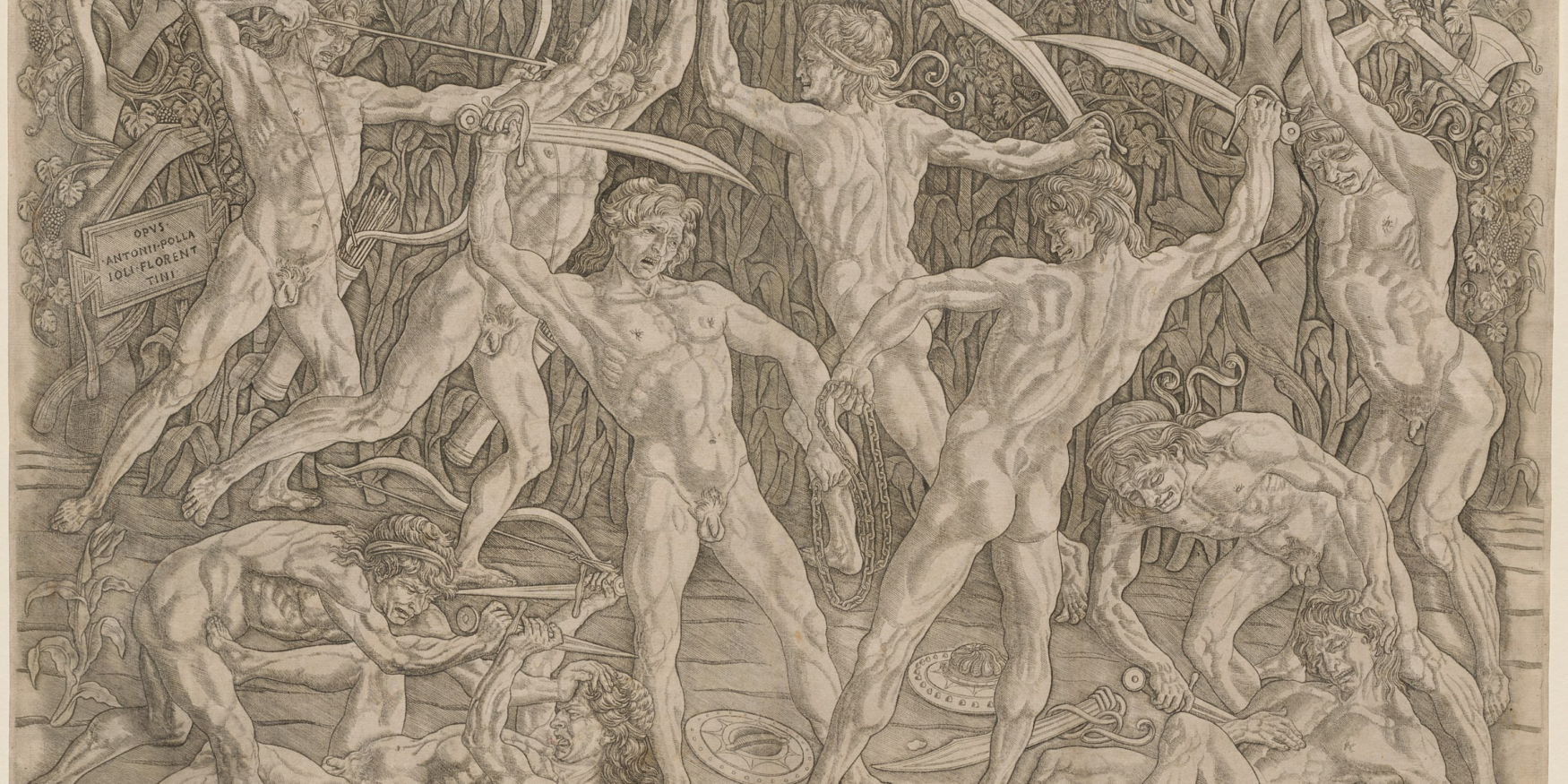 schilderij met 10 naakte vechtende mannen