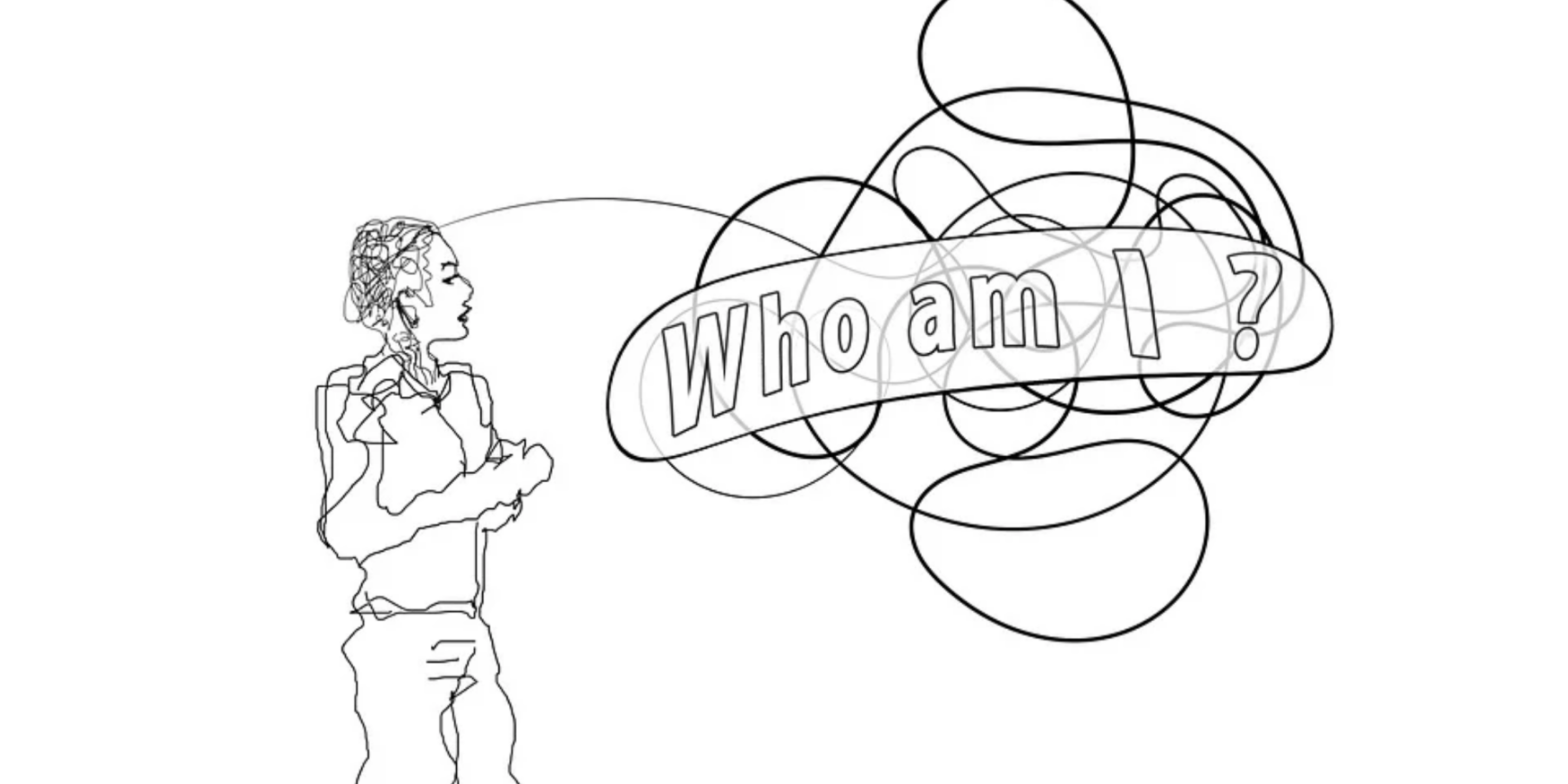 een vrouw denkt na over de zin 'Who am I'