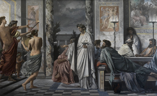 Het schilderij 'Het Symposium' van Anselm Feuerbach. Het toont een scène uit Plato's Symposium, een filosofische tekst over liefde en schoonheid.