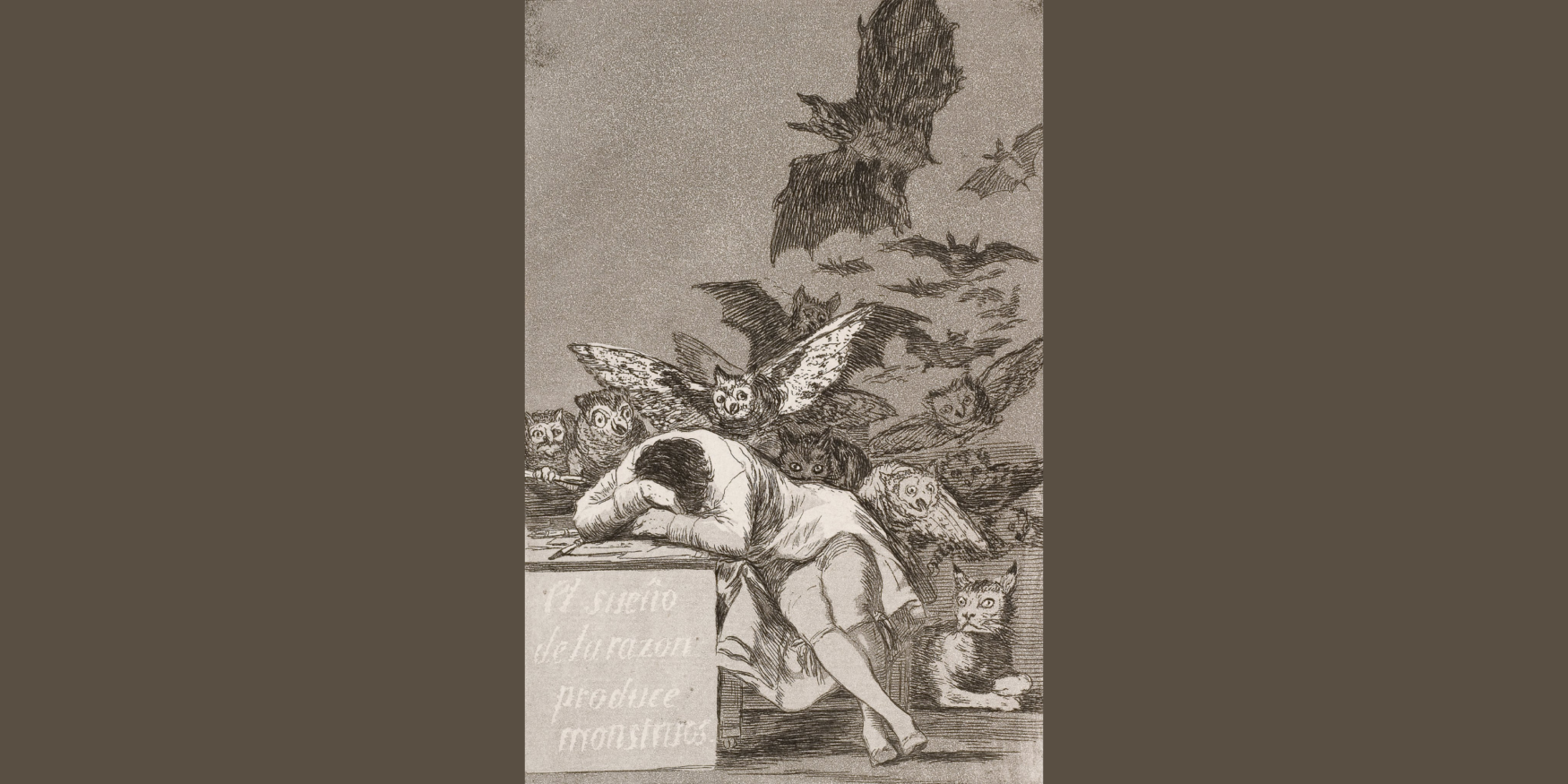 de beroemde ets "De slaap van de rede baart monsters" van de Spaanse kunstenaar Francisco Goya.