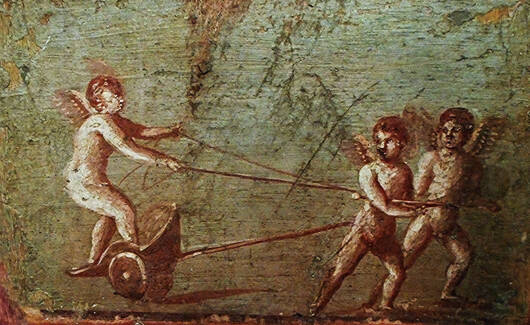 schilderij van Cupido op een strijdwagen, getrokken door twee engelen