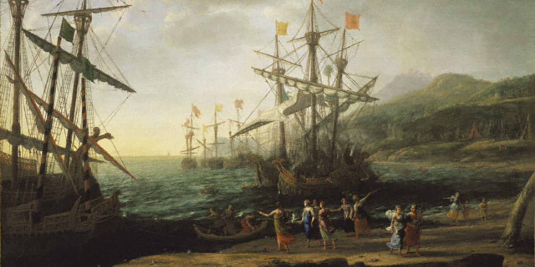 schilderij 'de Trojaanse vrouwen steken hun vloot in brand' van de Franse schilder Claude Lorrain