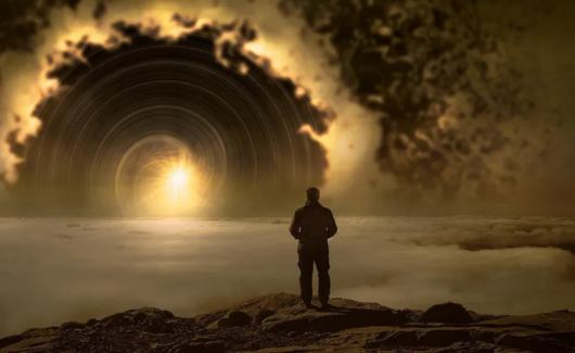 een man kijkt naar dreigende wolken en de zon