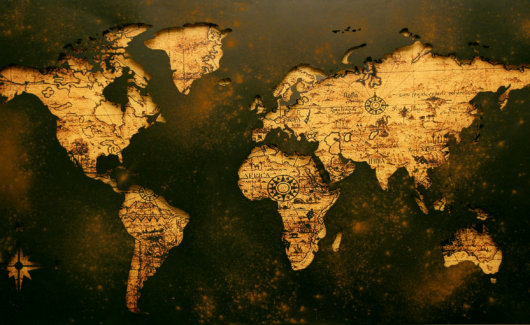 gestileerde en antiek ogende wereldkaart met donkere achtergrond