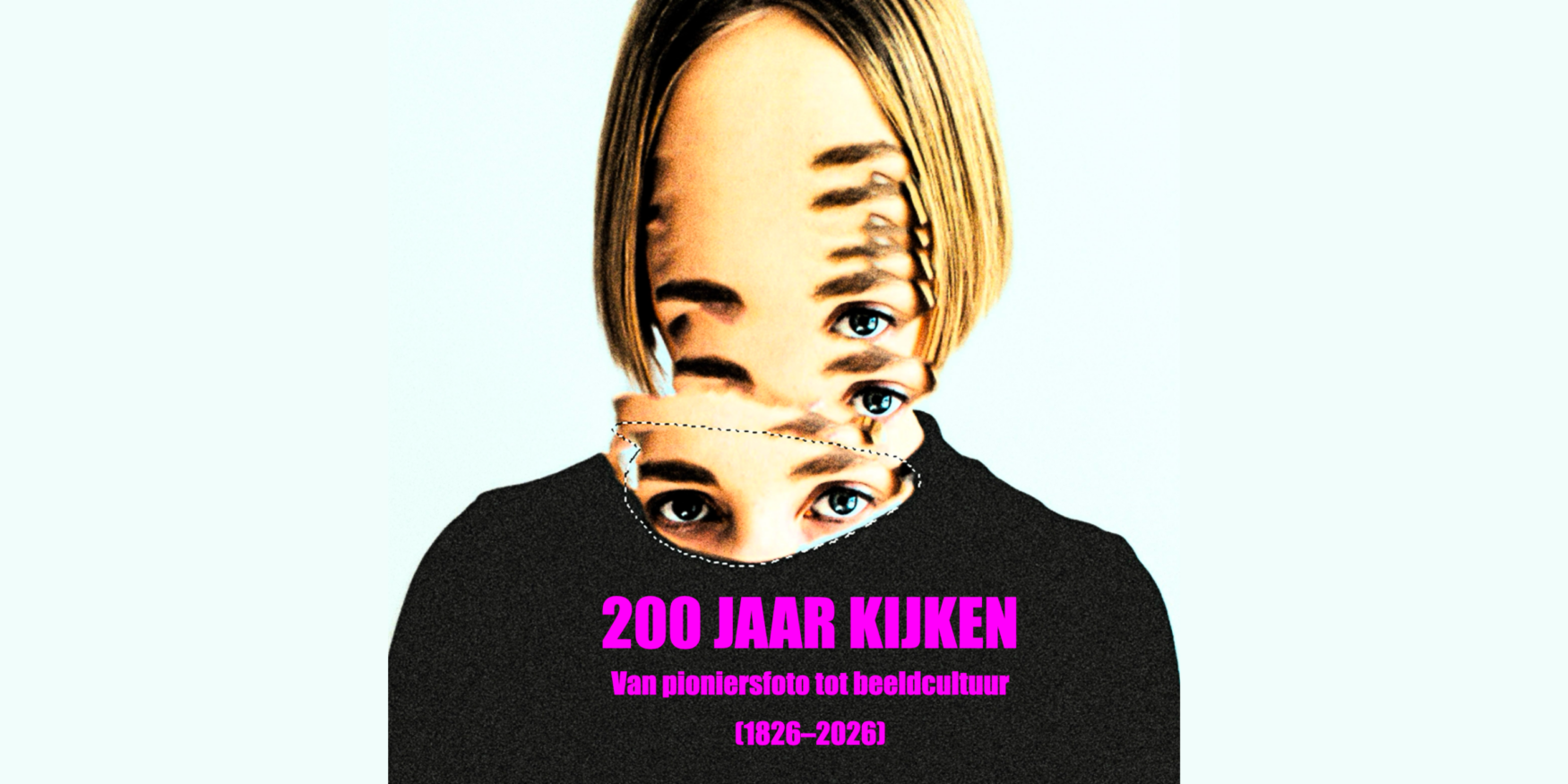 poster met een vervormd gezicht en een collage van meerdere ogen